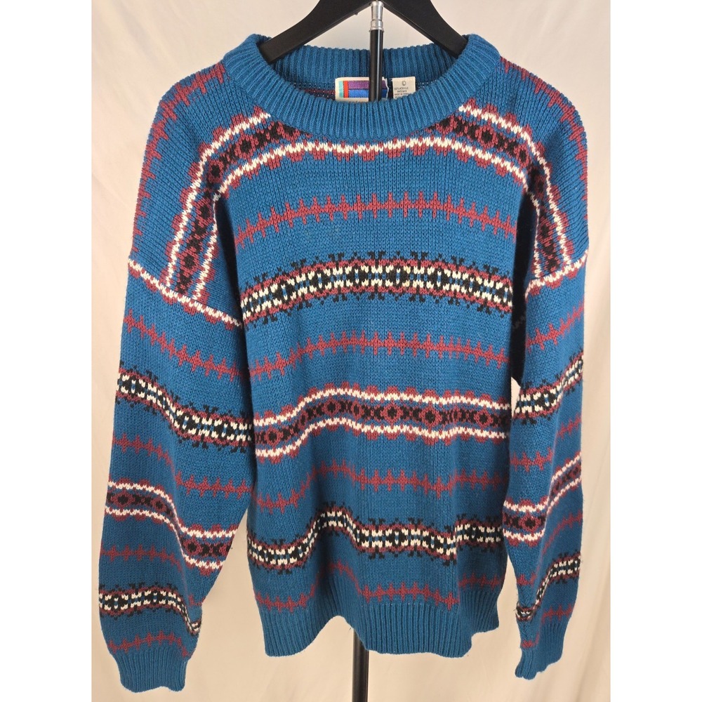 VTG Sweater Graphix Size L Blue Geometric Fair Isle Pullover 80s 90s Grandpa